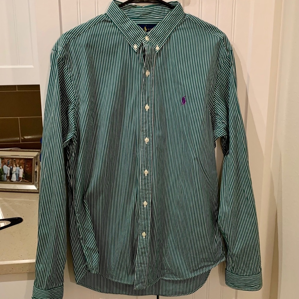 Men’s RAPLH LAUREN Button Up POLO, Green Striped